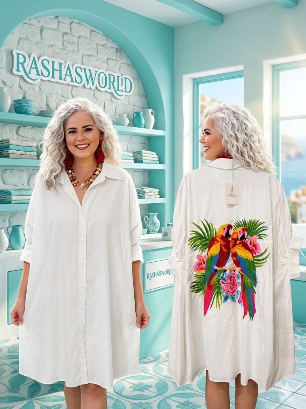 Direct From Italy White Button-Up Shirt Dress with Colorful Parrot Embroidery